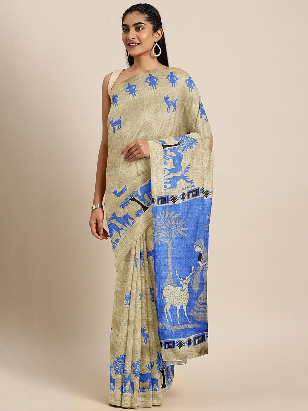 

KALINI Beige & Blue Art Silk Printed Saree