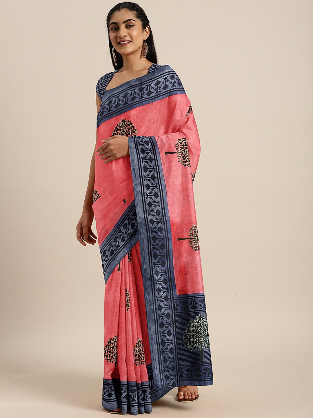 

KALINI Pink & Navy Blue Printed Saree