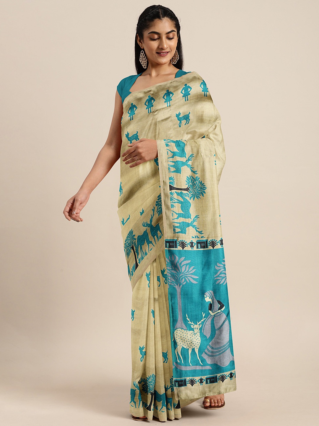 

KALINI Beige & Teal Blue Printed Saree