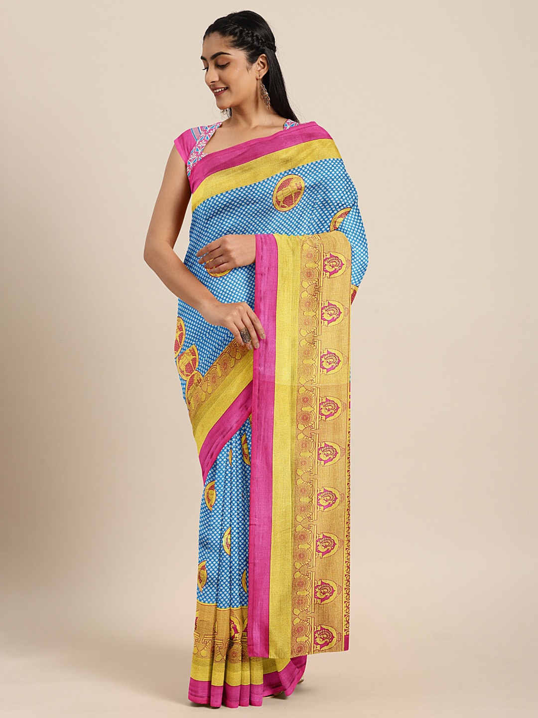 

KALINI Blue & Yellow Printed Saree
