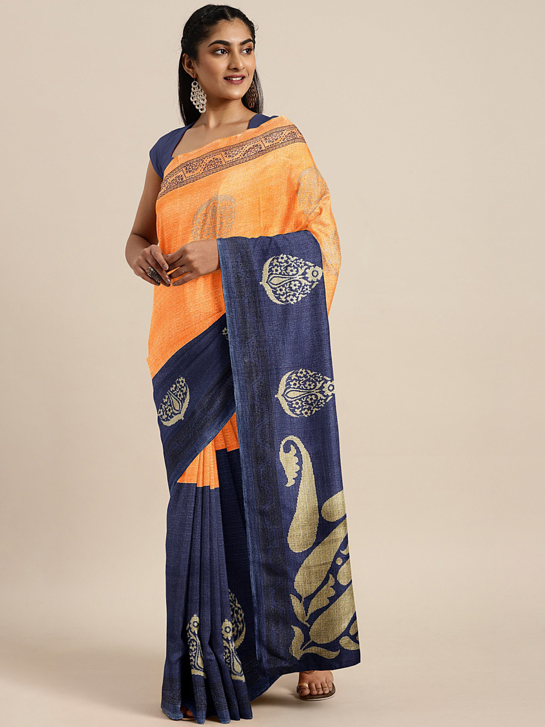 

Mitera Orange & Navy Blue Printed Saree