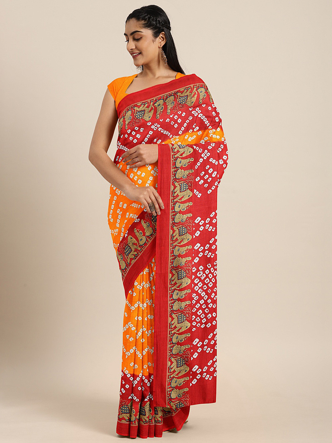 

KALINI Mustard Yellow & White Bandhani Printed Saree