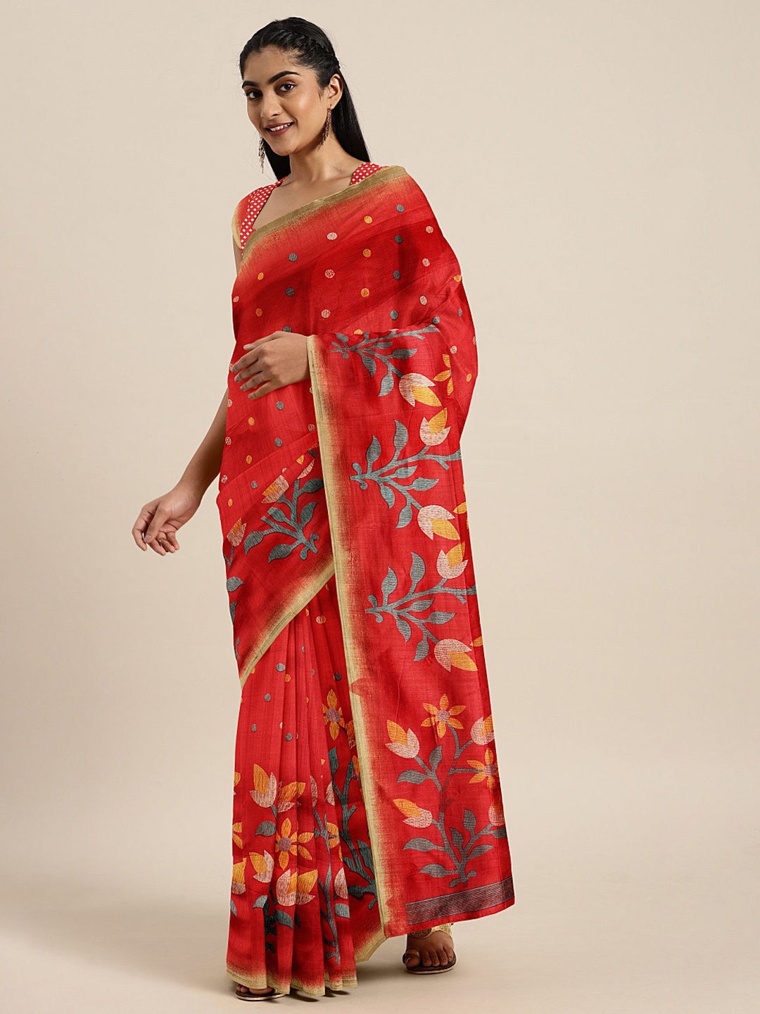 

KALINI Red & Yellow Floral Printed Saree