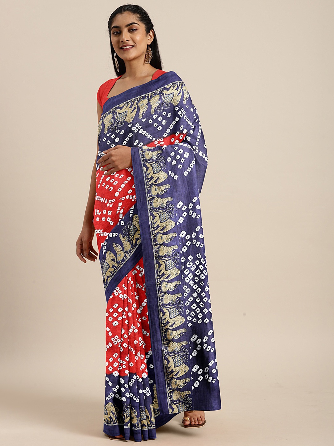 

KALINI Red & White Bandhani Printed Saree
