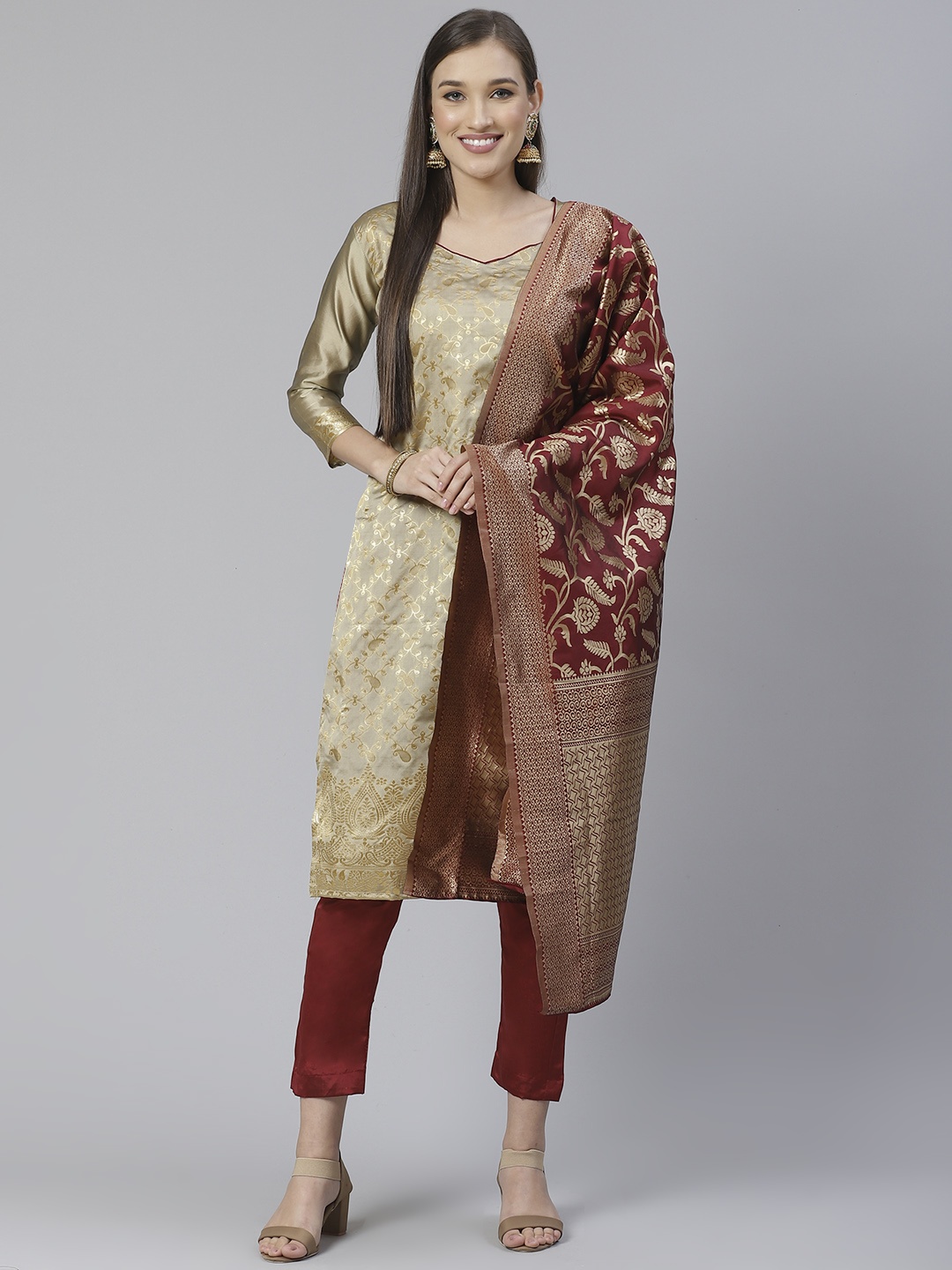 

DIVASTRI Beige & Maroon Woven Design Unstitched Dress Material