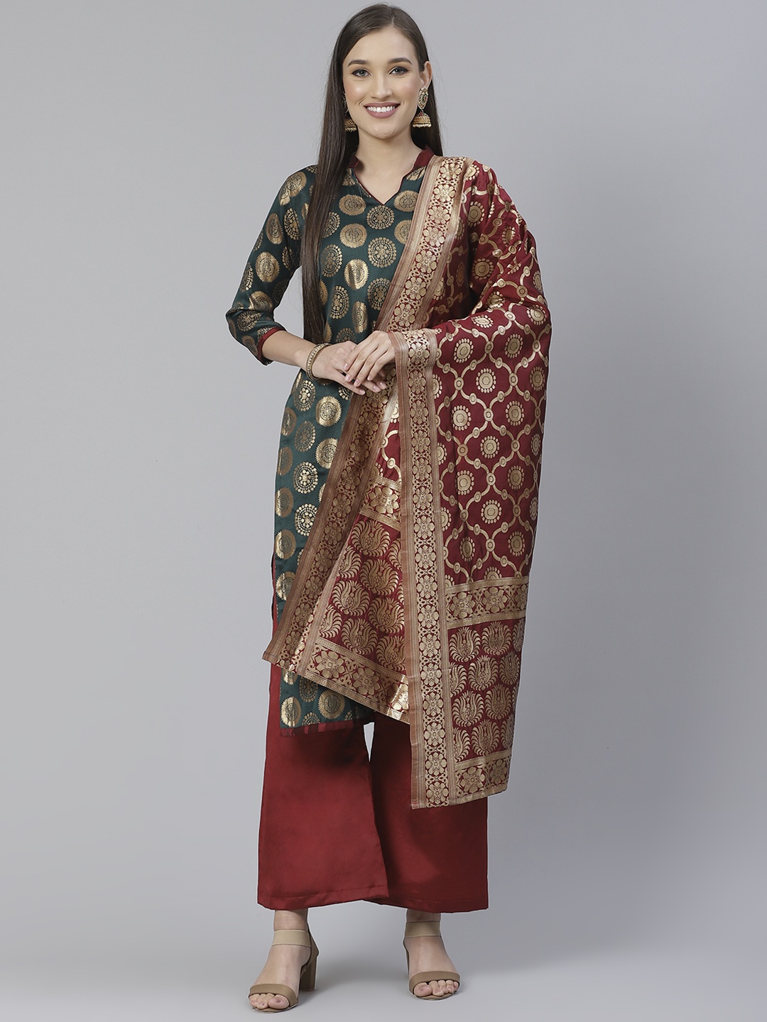 

DIVASTRI Green & Maroon Woven Design Unstitched Dress Material