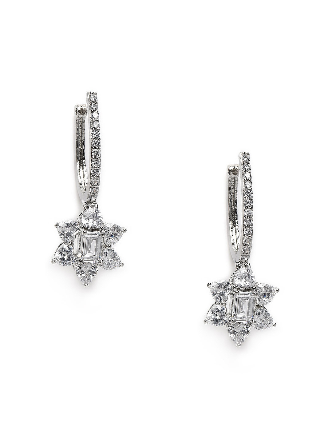 

MIDASKART Silver-Toned Cubic Zirconia Studded Star Shaped Drop Earrings