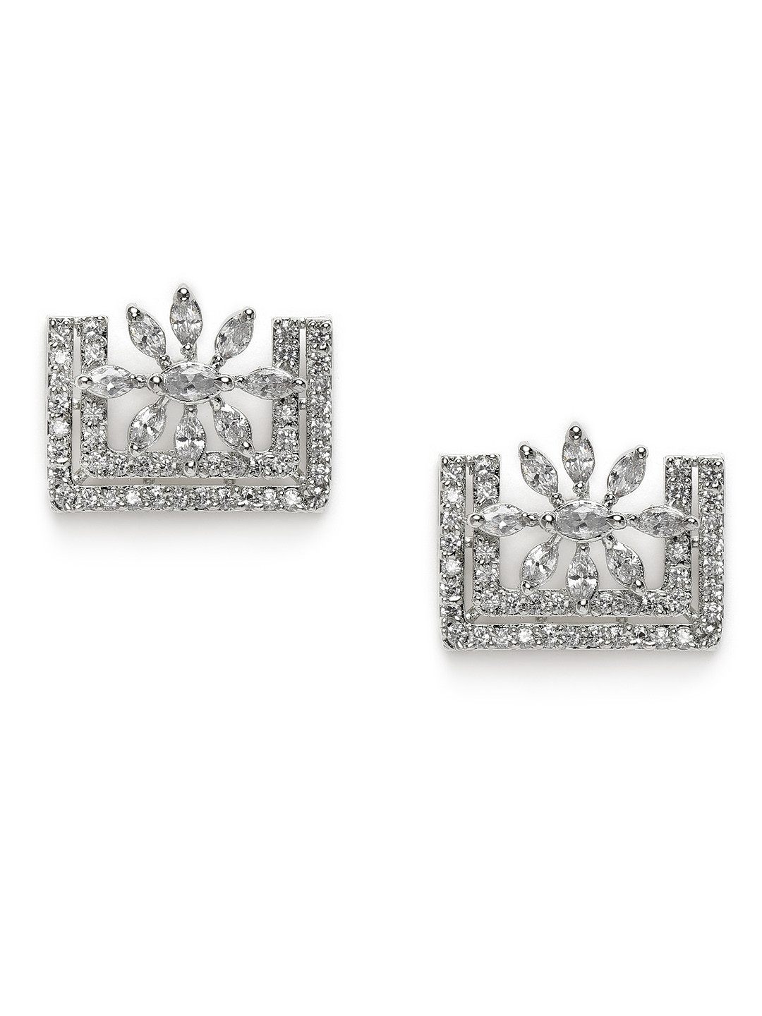 

MIDASKART Silver-Toned Cubic Zirconia Studded Floral Studs