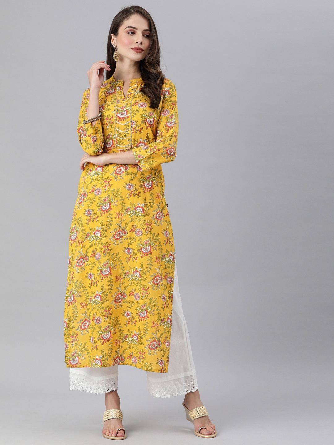 

KSUT Women Yellow & Green Floral Printed Gota Work Straight Kurta