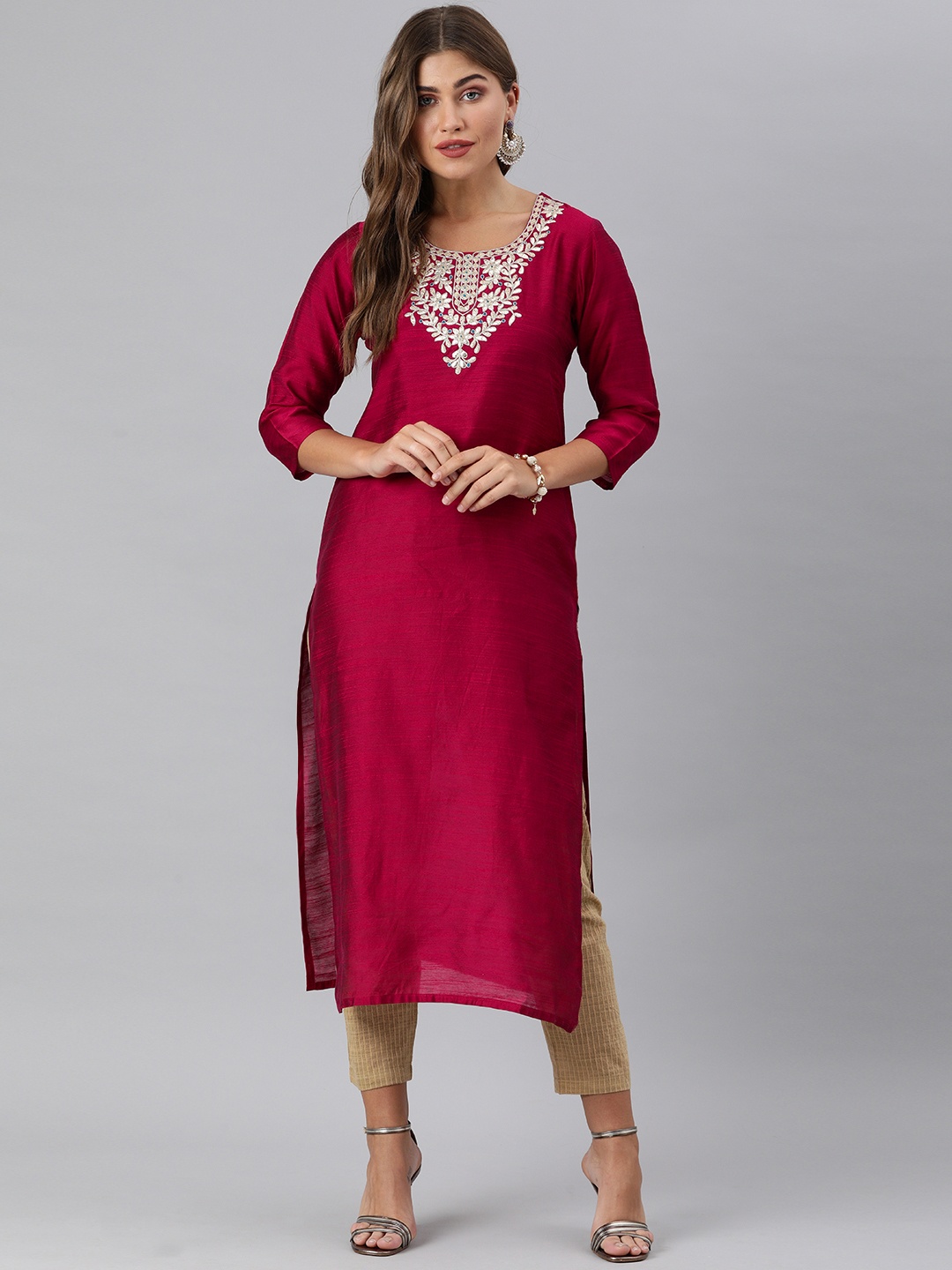 

KSUT Women Magenta Pink & Beige Gotta Patti Yoke Design Kurta with Trousers