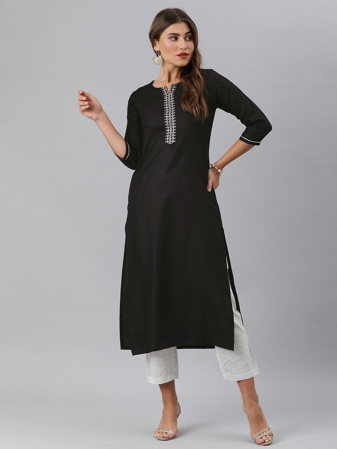 

KSUT Women Black & White Solid Zari Embroidered & Gotta Patti Detail A-Line Kurta