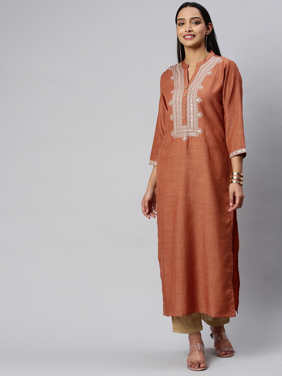

KSUT Rust Orange Mirror Work Embroidery Yoke Kurta With 3/4Th Sleeves