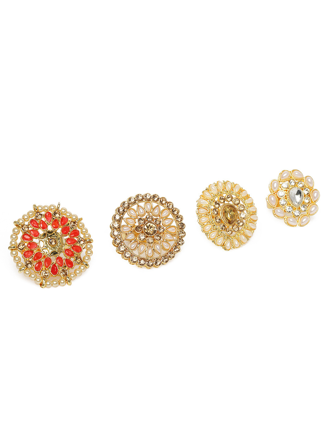 

Kord Store Set Of 4 Gold Plated Studded Adjustable Finger Rings, Red
