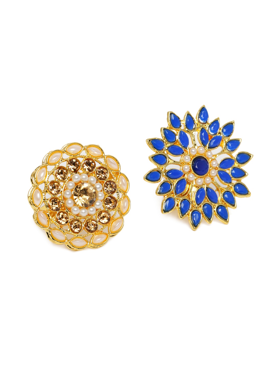 Kord Store Set Of 2 Gold Plated Studded Adjustable Finger Rings, Blue