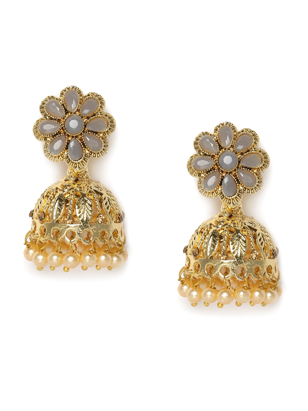 

Kord Store Grey & Gold-Plated Stone Studded Dome Shaped Jhumkas