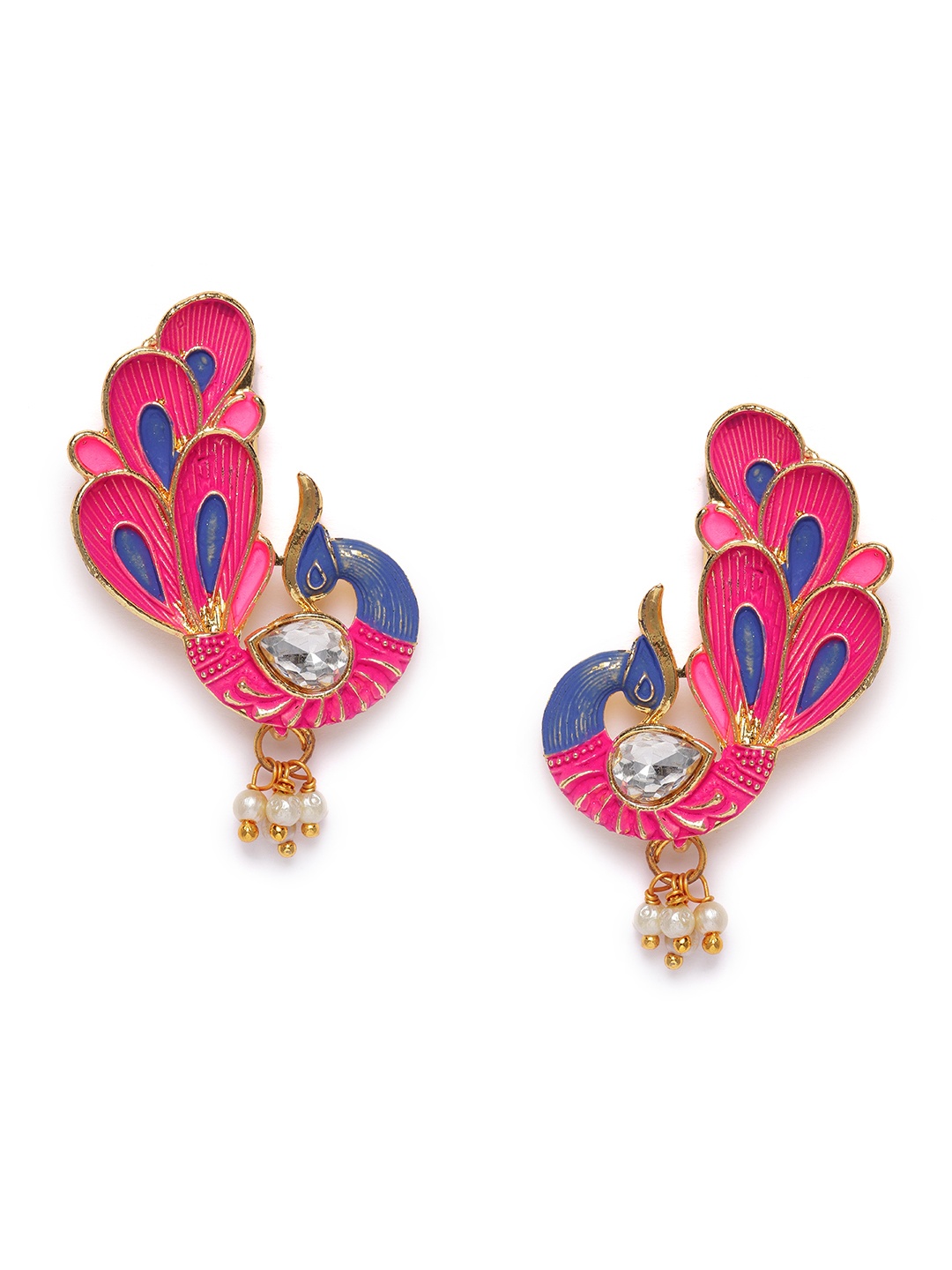 

Kord Store Pink & Blue Gold-Plated Meenakari Peacock Shaped Drop Earrings