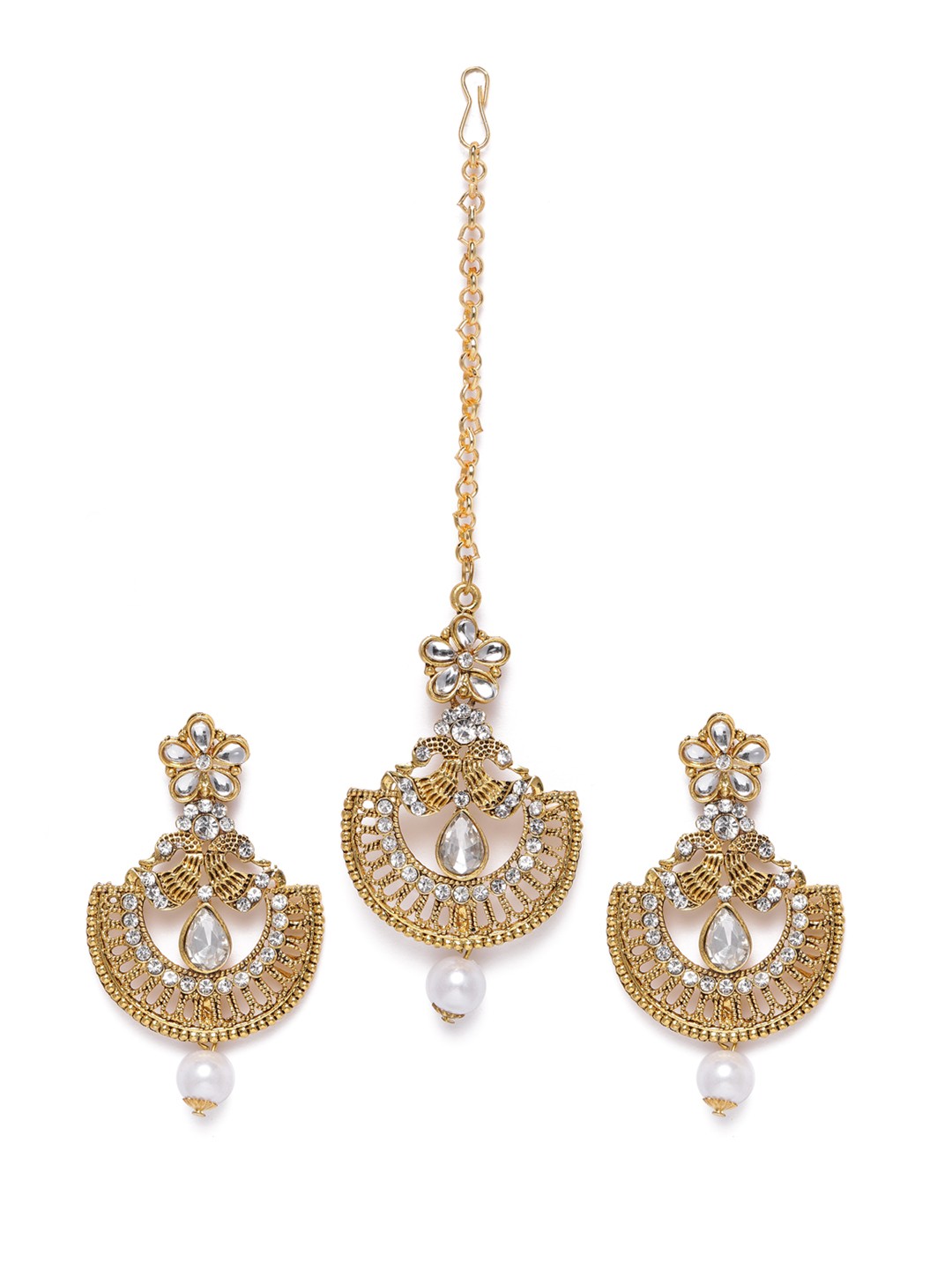 

Kord Store Gold-Plated Stone Studded Chandbali Earrings with Maang Tikka Set