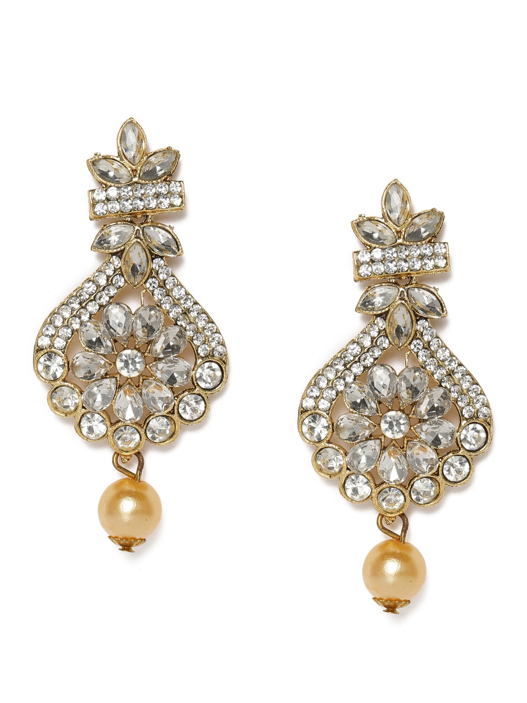 

Kord Store White & Gold-Plated Stone Studded Floral Drop Earrings