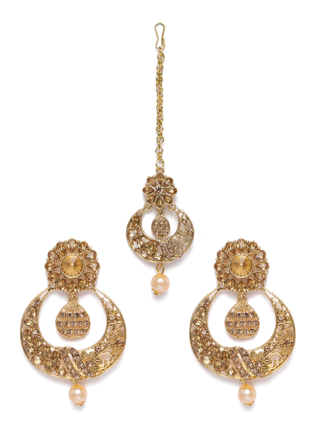 

Kord Store Gold-Plated Stone Studded Chandbali Earrings with Maang Tikka Set