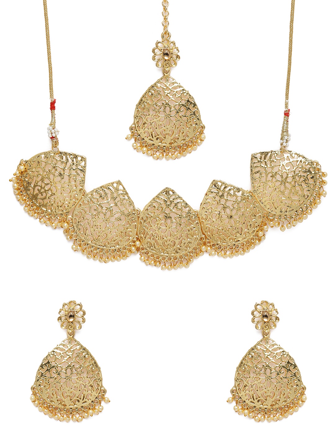 

Kord Store Gold Plated Filigree Design Latkan Pearls Necklace, Earrings & Maang Tika Set