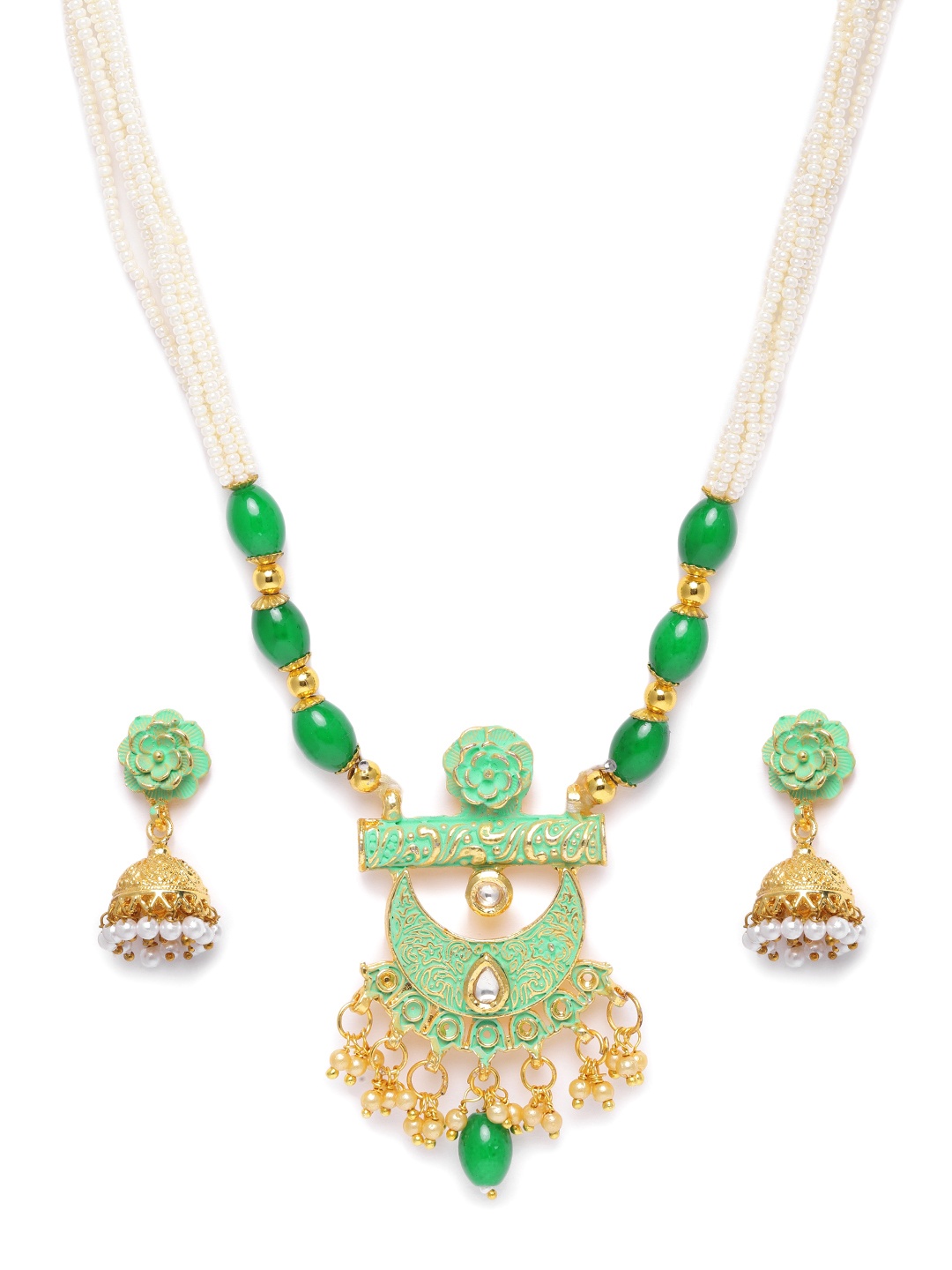 

Kord Store Green Gold Plated Chand Shape Lariyat Haram Necklace & Jhumka Earrings Set