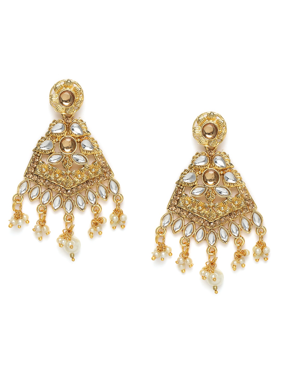 

Kord Store White & Gold-Plated Stone Studded Leaf Shaped Drop Earrings