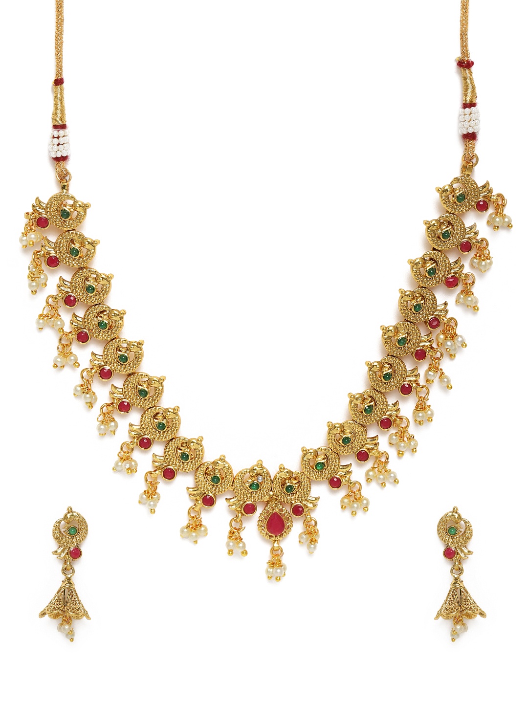

Kord Store Red & Green Gold-Plated Studded Peacock Shaped Jewellery Set