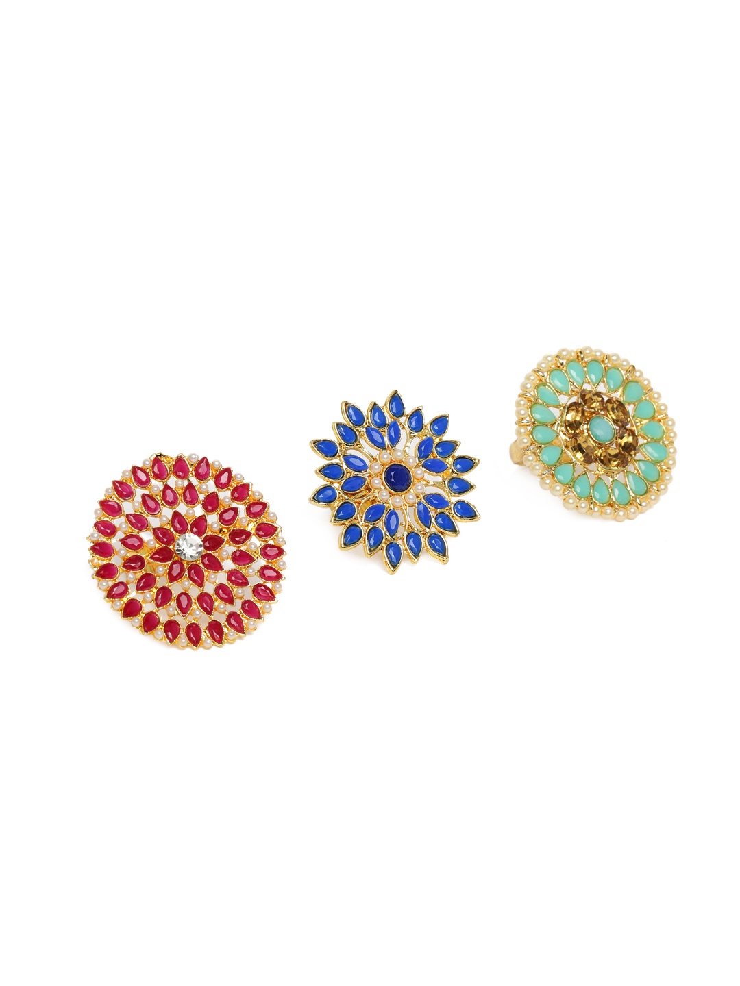 

Kord Store Set Of 3 Gold Plated Studded Adjustable Finger Rings, Red