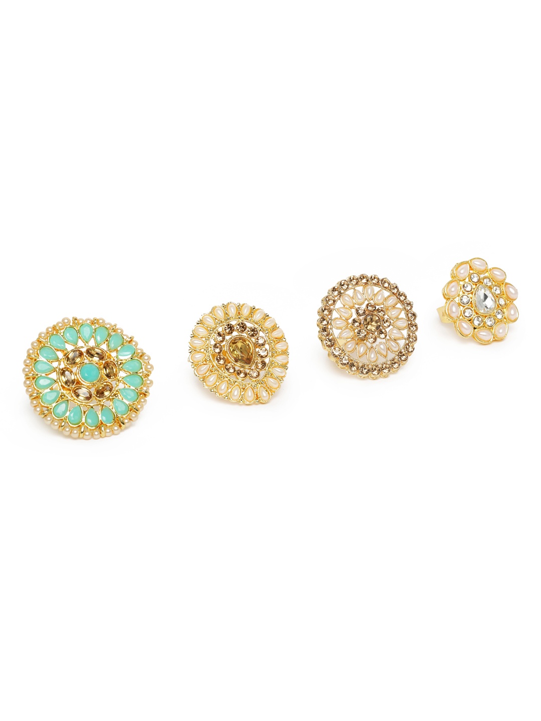 

Kord Store Set Of 4 Gold Plated Studded Adjustable Finger Rings, Sea green