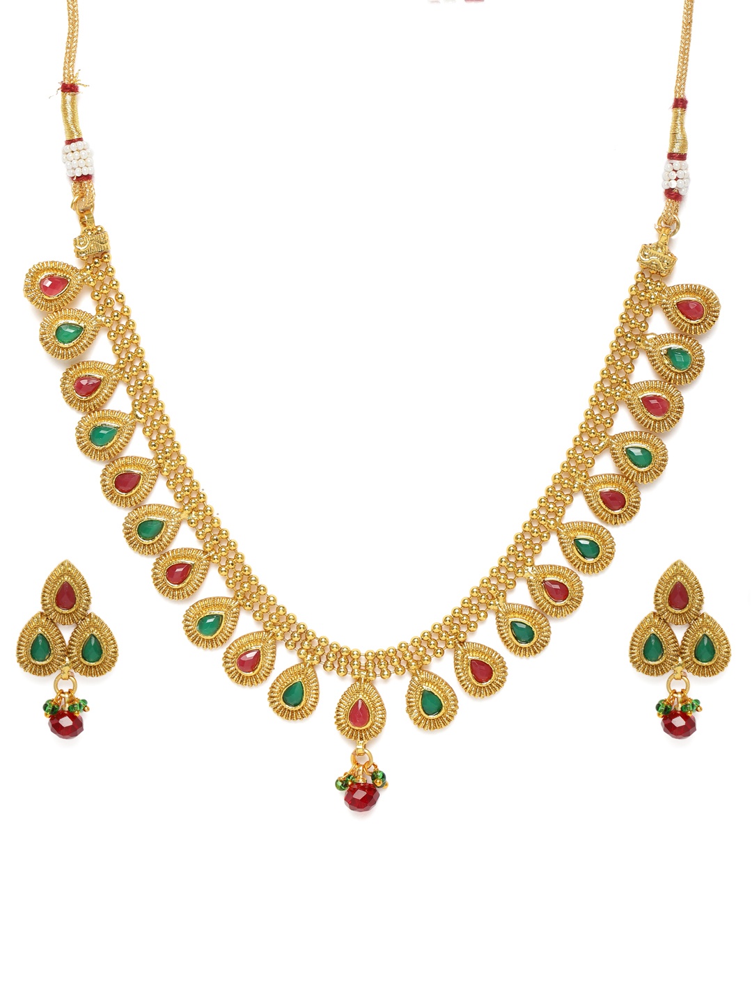 Kord Store Red & Green Gold-Plated Studded Jewellery Set