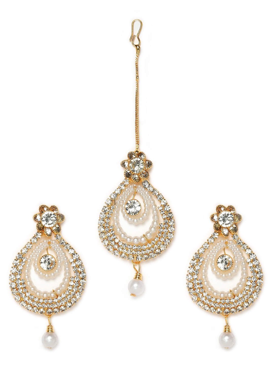 Kord Store Gold-Plated Pear Shape Drop Earrings with Maang Tikka Set
