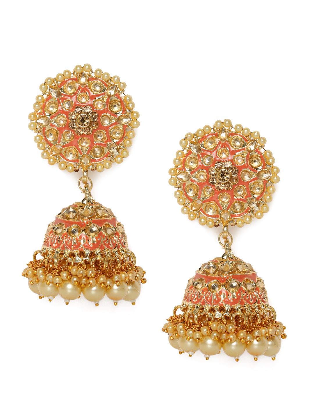 

Kord Store Orange Gold-Plated Meenakari Studded Dome Shaped Jhumkas