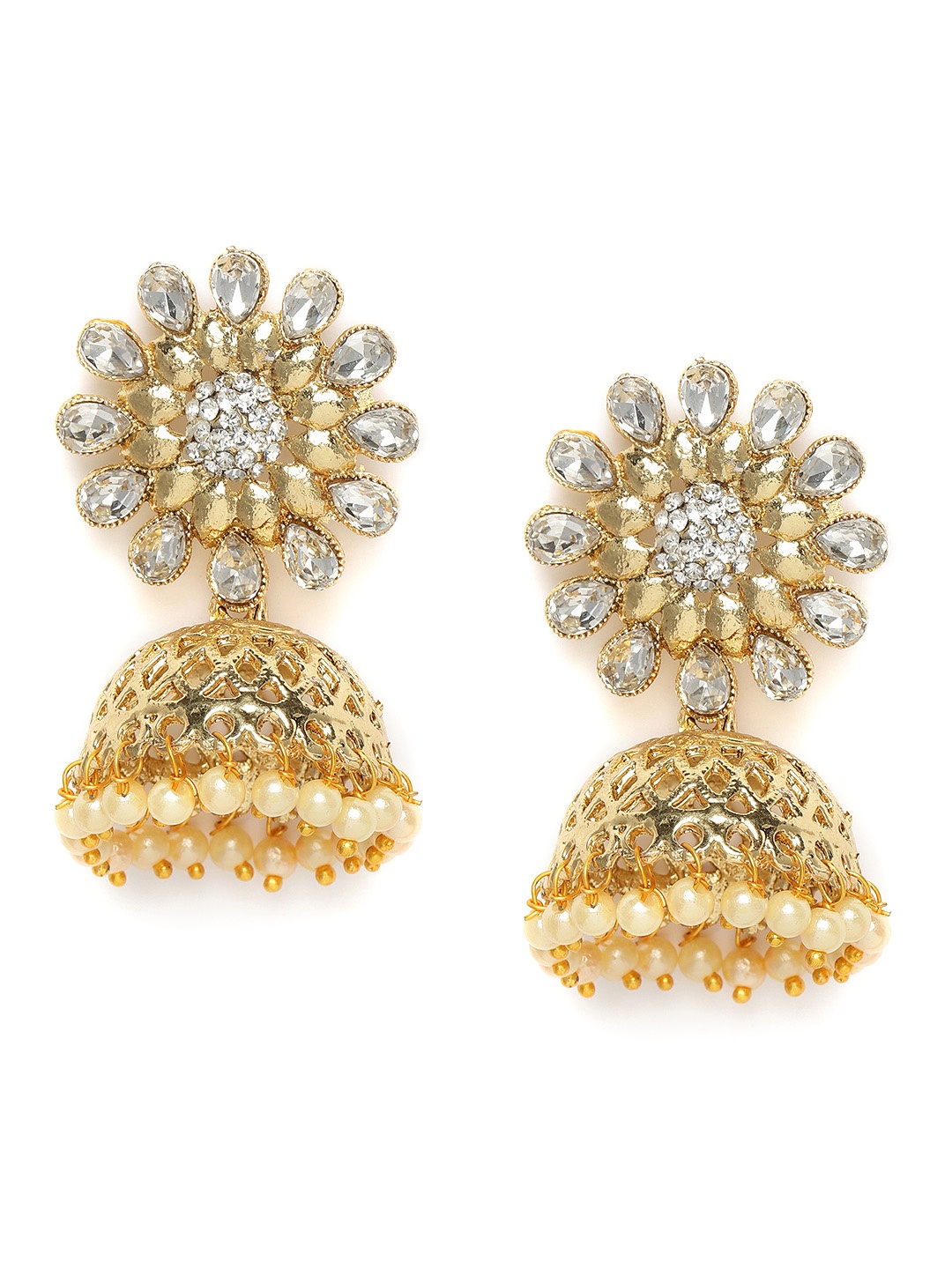 

Kord Store White & Gold-Plated Stone Studded Dome Shaped Jhumkas