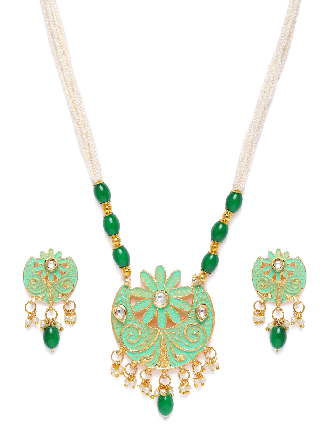 

Kord Store Green Gold Plated Chand Shape Lariyat Haram Necklace & Earrings Set