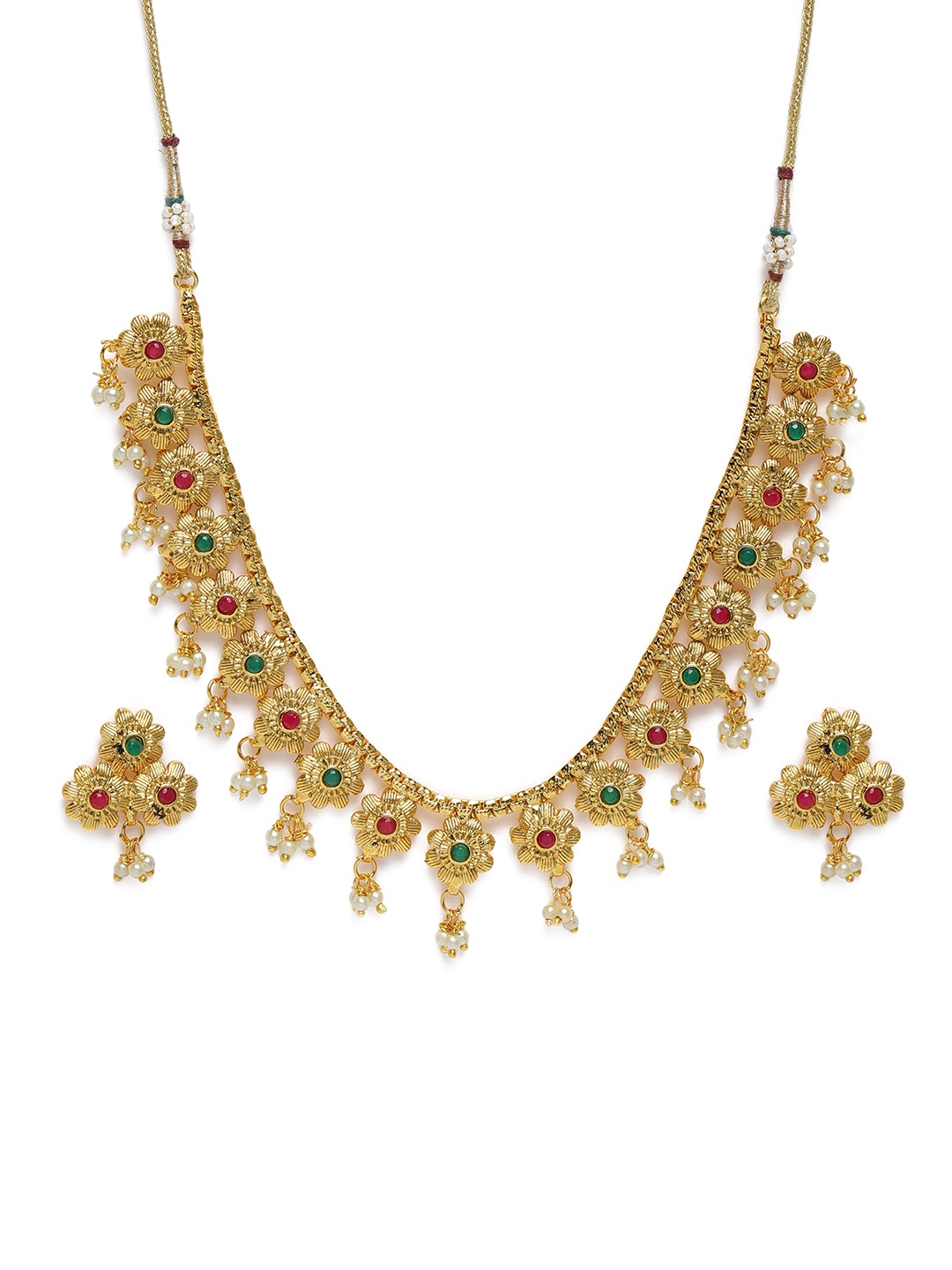 

Kord Store Gold Plated Floral Design Latkan Pearl Matinee Necklace & Earrings Set