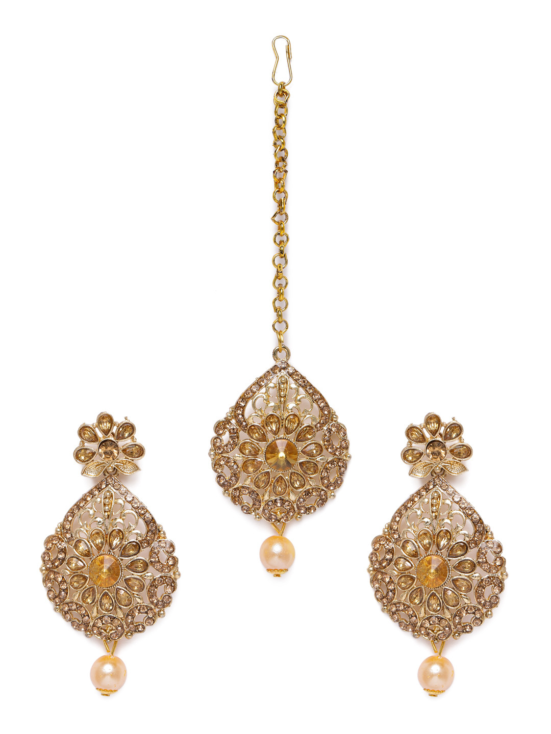 

Kord Store Gold-Plated Teardrop Shape Stone Studded Earrings with Maang Tikka Set