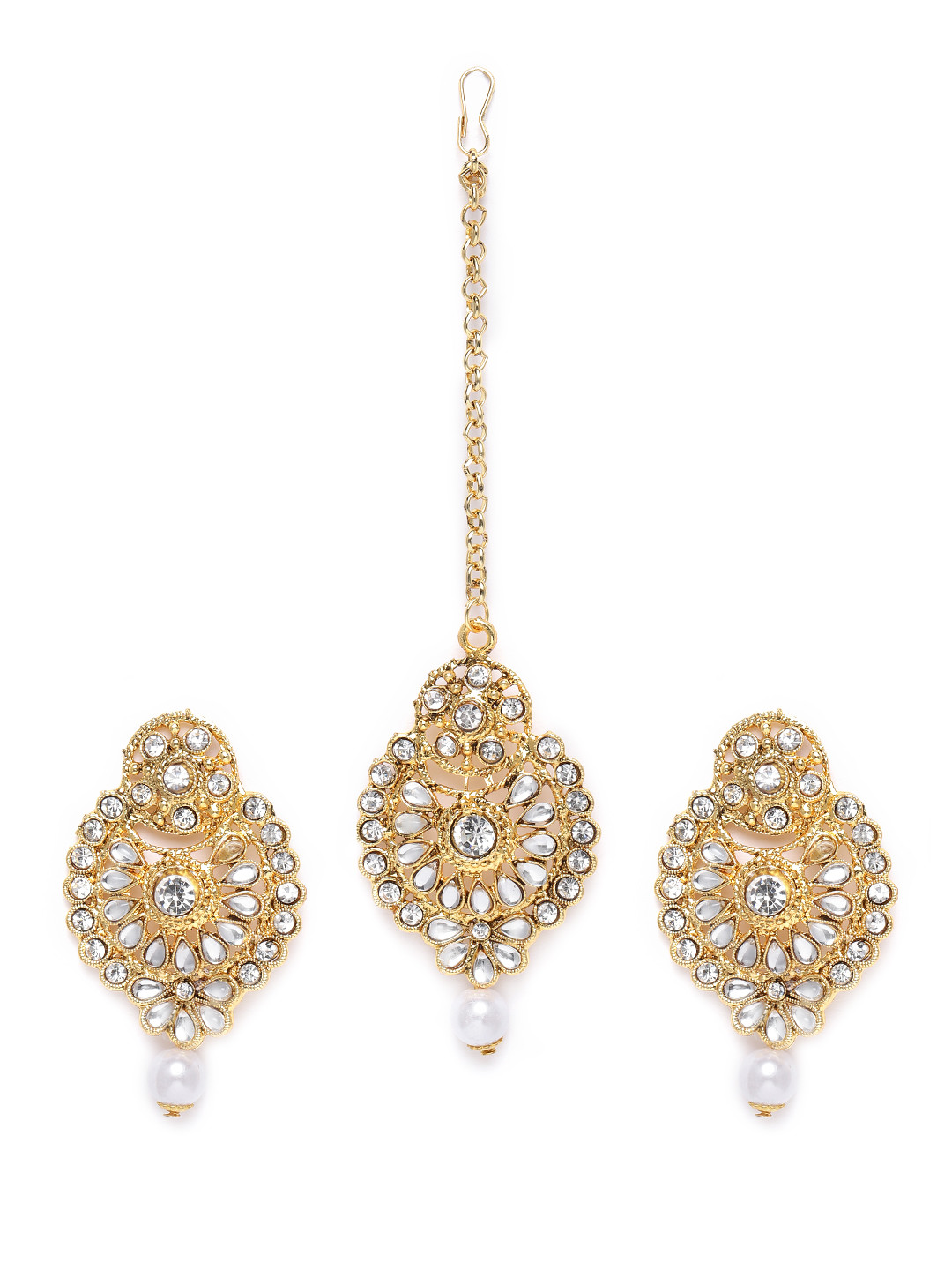 

Kord Store Gold-Plated Stone Studded Drop Earrings with Maang Tikka Set