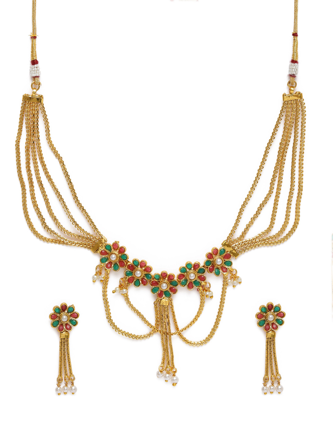 

Kord Store Red & Green Gold Plated Studded Jewellery Set