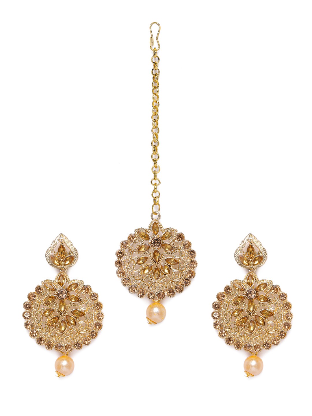 

Kord Store Gold-Plated Circular Shape Stone Studded Earrings with Maang Tikka Set