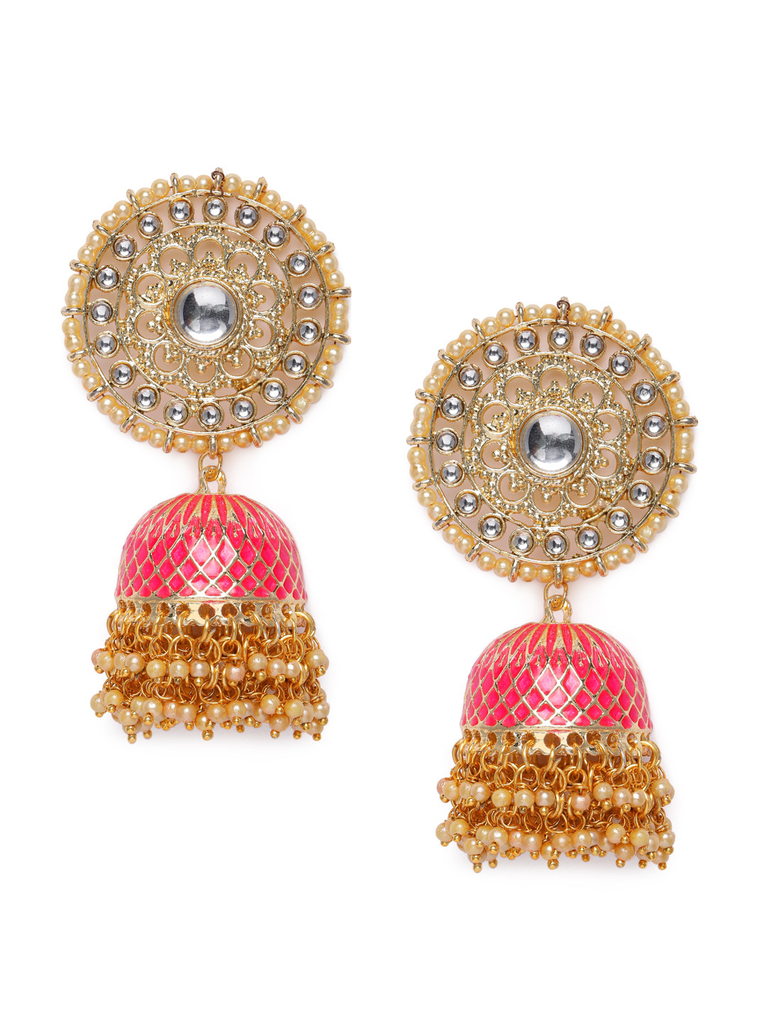 

Kord Store Pink & Gold-Plated Meenakari Dome Shaped Jhumkas
