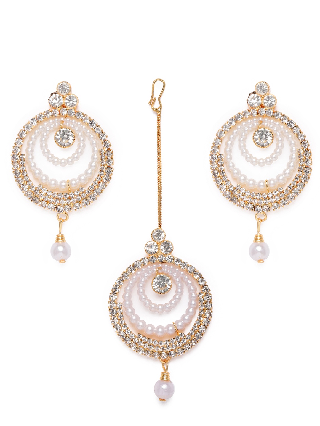 

Kord Store Gold-Plated Circular Shape Stone Studded Earrings with Maang Tikka Set