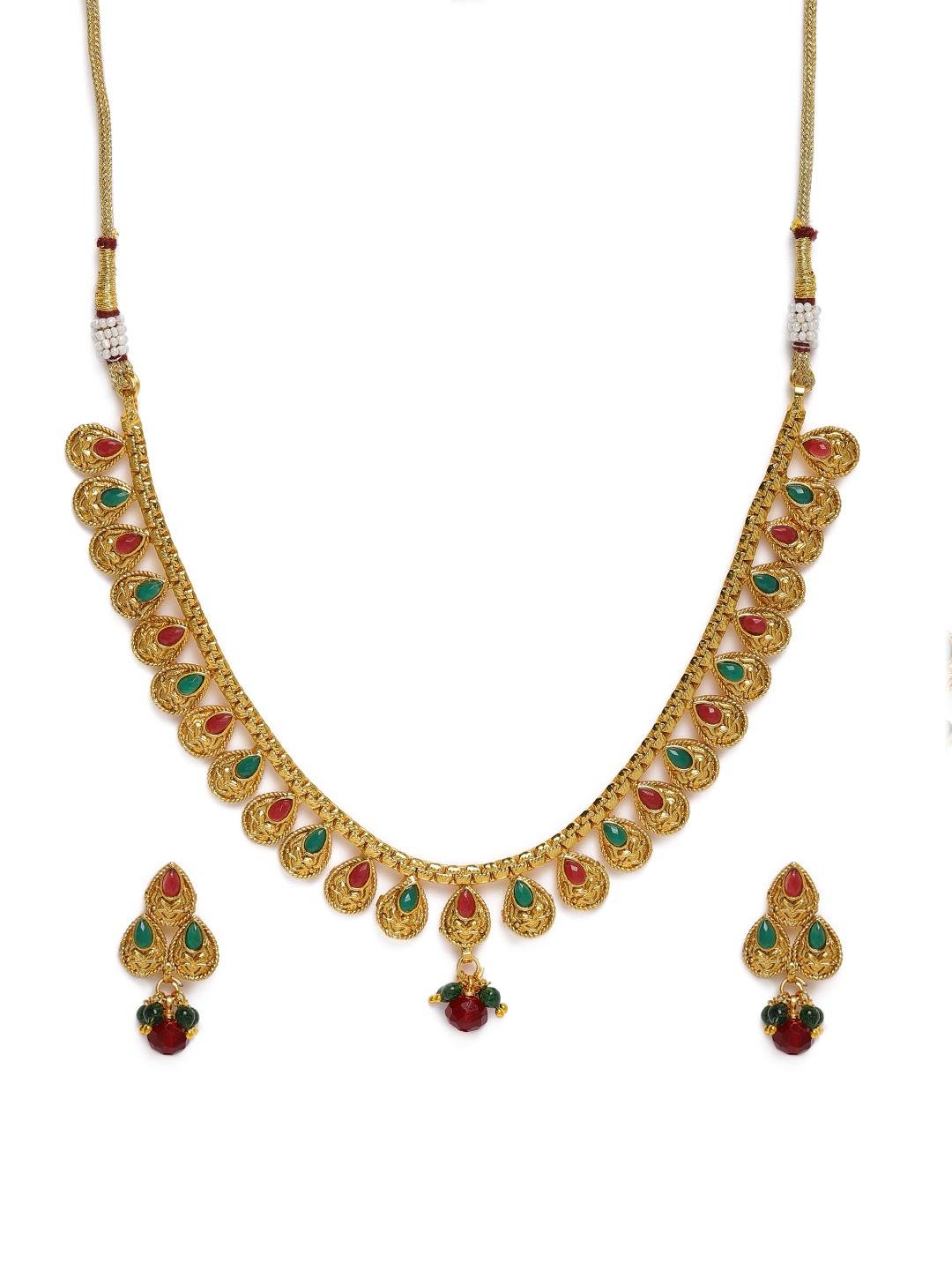 

Kord Store Red & Green Gold Plated Studded Jewellery Set