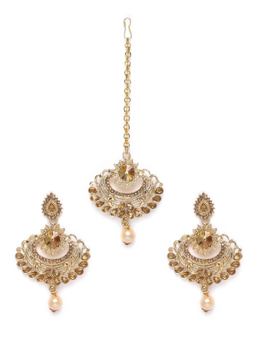 

Kord Store Gold-Plated Stone Studded Chandbali Earrings with Maang Tikka Set