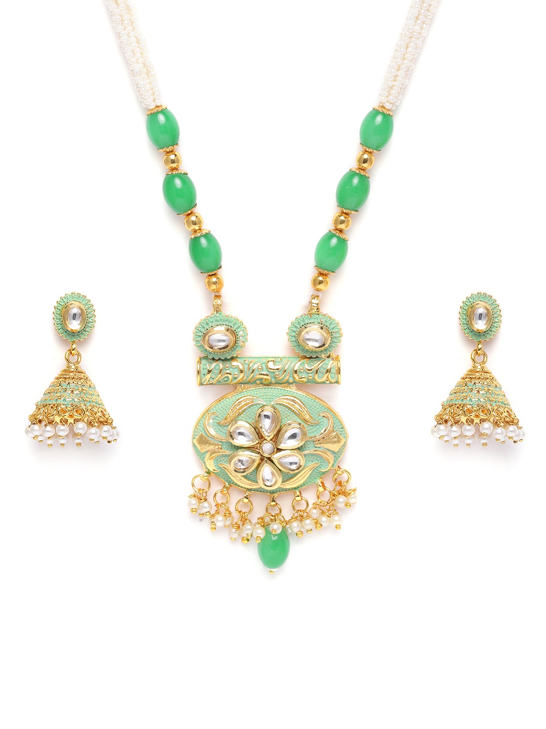 

Kord Store Green Gold Plated Lariyat Meenakari Kundan Haram Necklace & Earrings Set