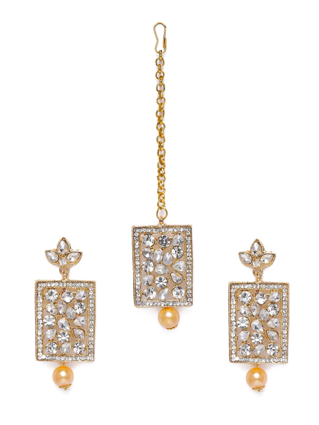 

Kord Store Gold-Plated Square Shape Stone Studded Earrings with Maang Tikka Set