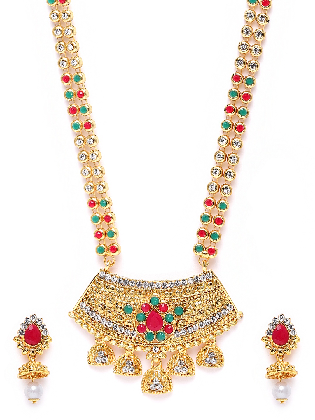 

Kord Store Green & Pink Gold-Plated Stone Studded Jewellery Set