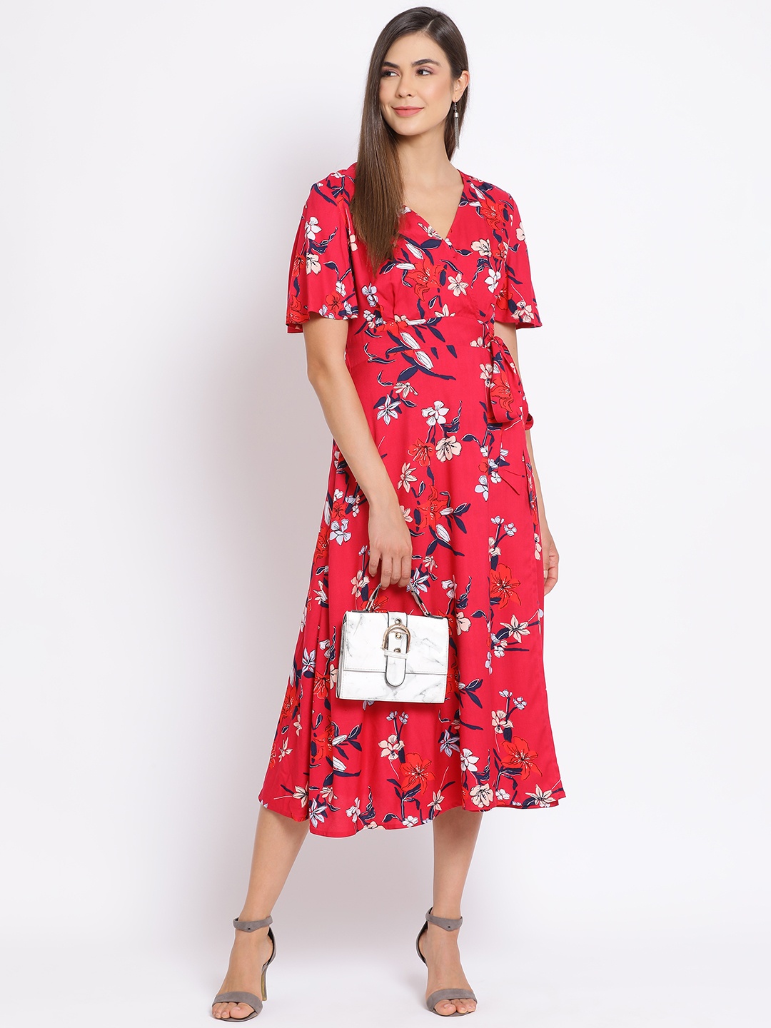 Oxolloxo Women Multicoloured Printed Wrap Dress, Multi