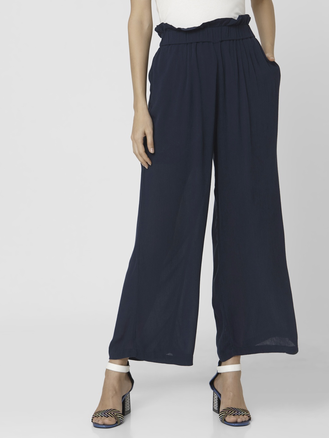 

Vero Moda Women Navy Blue Regular Fit Solid Parallel Trousers