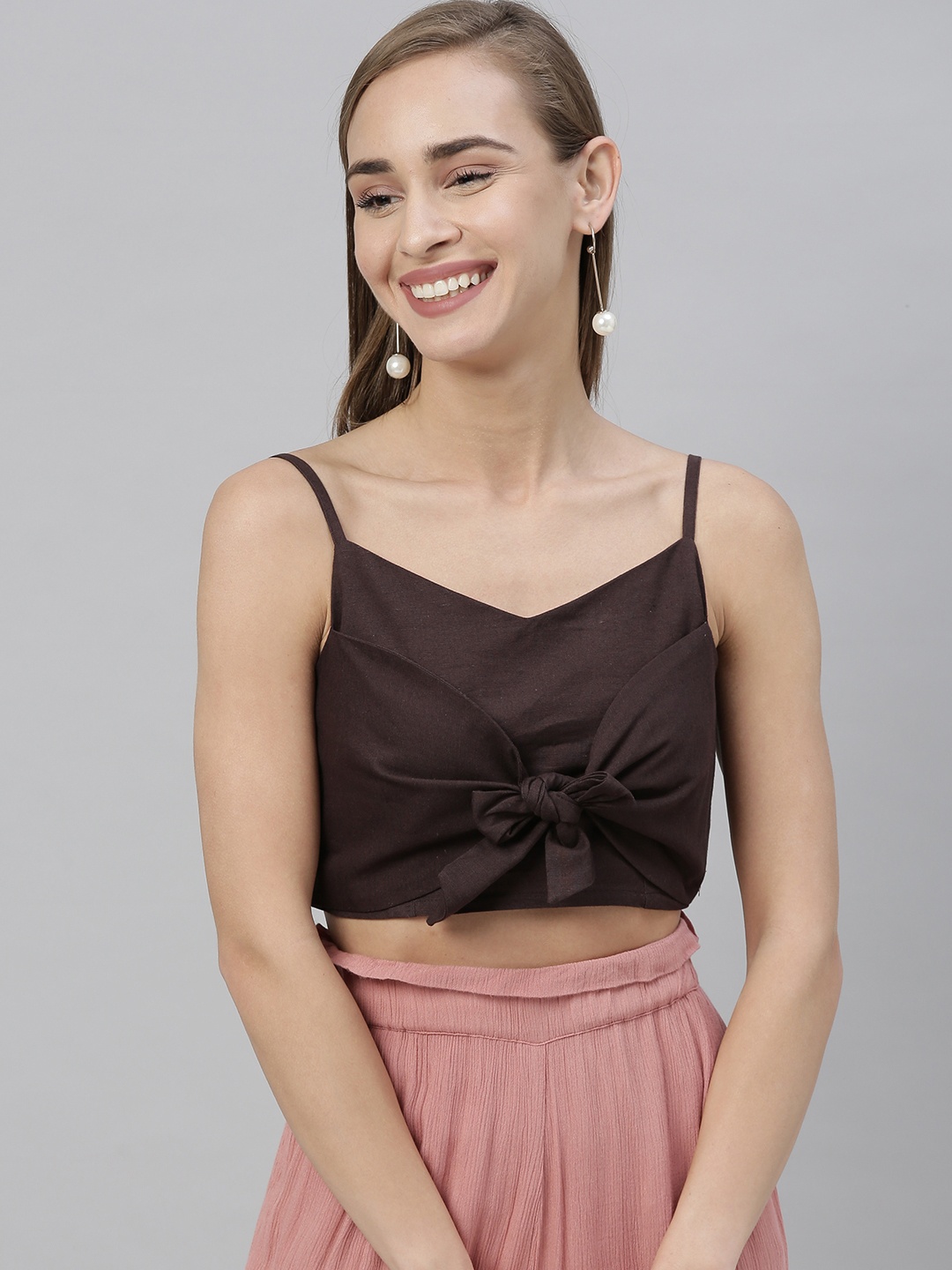 

Vero Moda Women Brown Solid Cotton-Linen Top with Tie-Up Detail