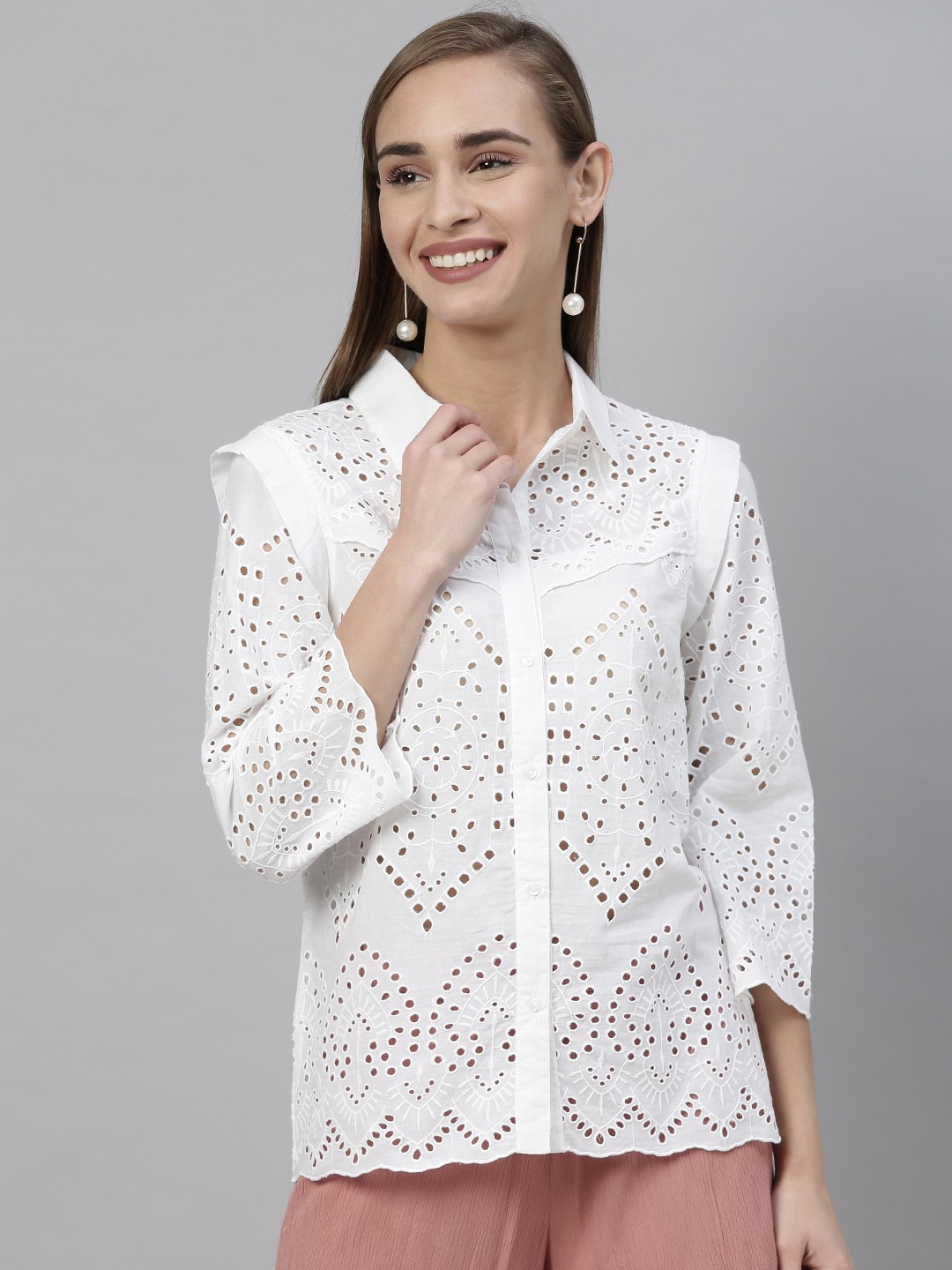 

Vero Moda Women White Regular Fit Schiffli Embroidered Casual Shirt